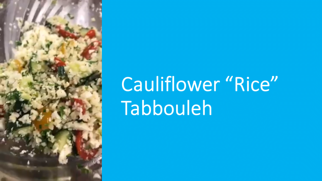 Side-by-side graphic showing a bowl of cauliflower rice tabbouleh with chopped vegetables on the left and a blue panel on the right with white text reading “Cauliflower ‘Rice’ Tabbouleh.”