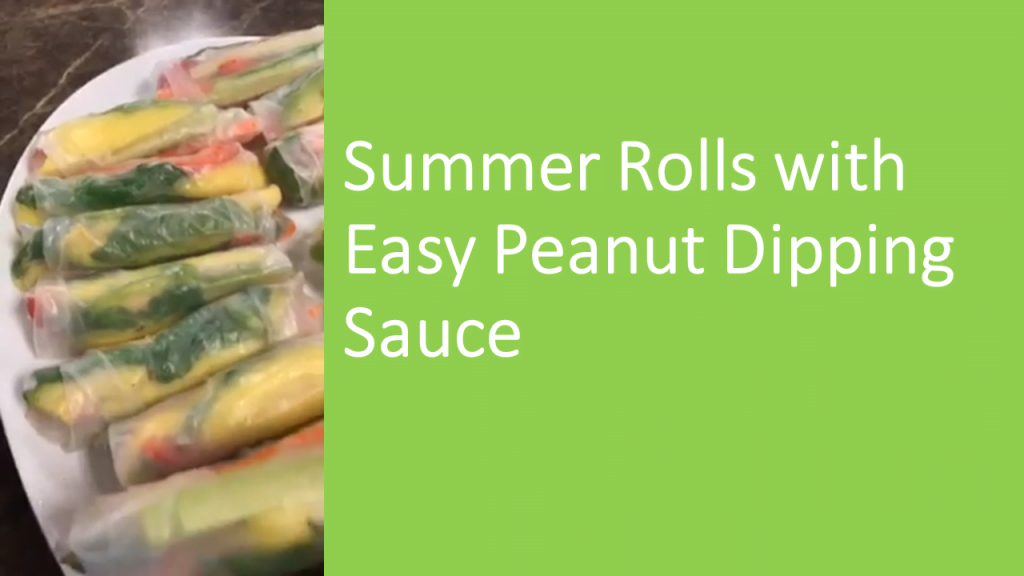 Side-by-side graphic showing a plate of fresh summer rolls filled with vegetables on the left and a green panel on the right with white text reading “Summer Rolls with Easy Peanut Dipping Sauce.”