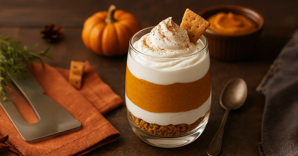 Pumpkin pie Greek yogurt parfait layered in a glass with pumpkin yogurt, creamy Greek yogurt, and graham cracker crumbs, topped with whipped yogurt, a sprinkle of cinnamon.