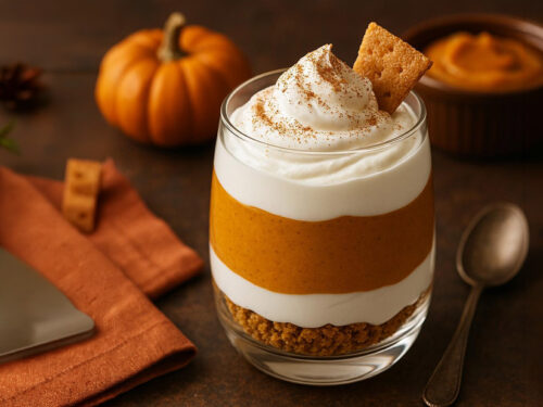 Pumpkin pie Greek yogurt parfait layered in a glass with pumpkin yogurt, creamy Greek yogurt, and graham cracker crumbs, topped with whipped yogurt, a sprinkle of cinnamon