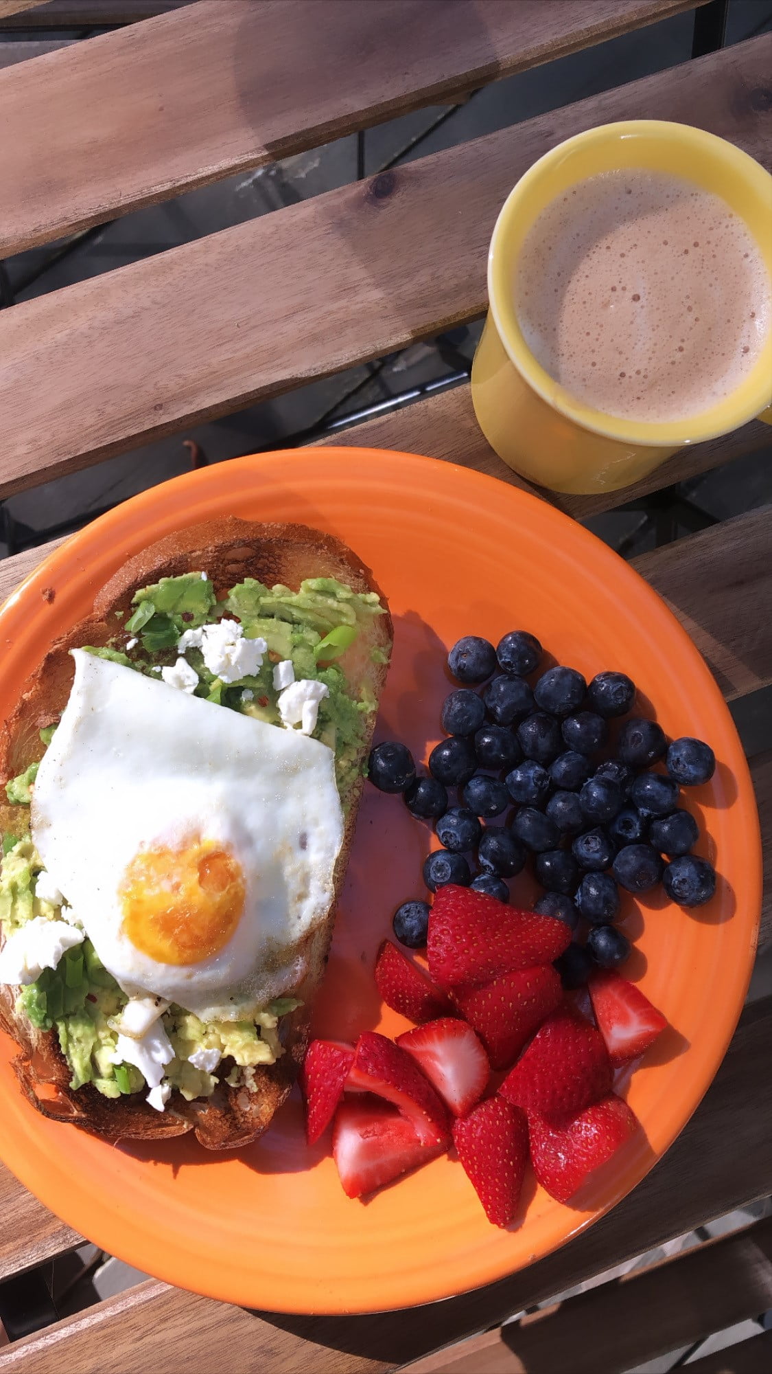 An orange plate holds avocado toast topped with a fried egg, alongside fresh blueberries and sliced strawberries. A yellow mug filled with a frothy beverage sits next to the plate on a wooden surface.