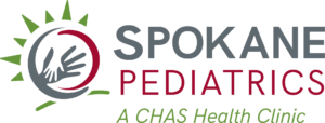 Spokane Pediatrics logo featuring a light gray handprint graphic next to the words “Spokane pediatrics” in red and gray, with the text “A CHAS Health Clinic” below.