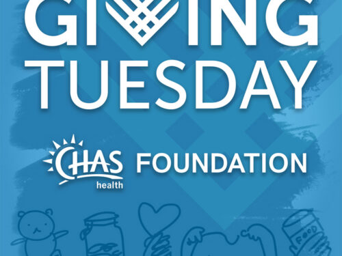 A blue graphic with the words “GIVING TUESDAY” at the top. Below it is the CHAS Health logo with the text “CHAS Foundation.” At the bottom, simple line drawings show hands holding a teddy bear, a jar, a heart, and a can.