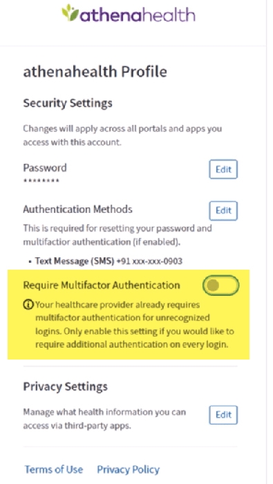 athena multifactor screenshot Screenshot showing how to turn on multifactor authentication in athenahealth.