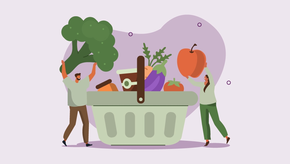Illustration of two people placing fresh vegetables like broccoli, peppers, carrots, and greens into a large grocery basket.