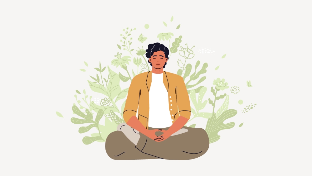 Illustration of a person seated cross‑legged with hands resting in their lap, surrounded by abstract plant elements, representing substance use disorder recovery and wellness support.