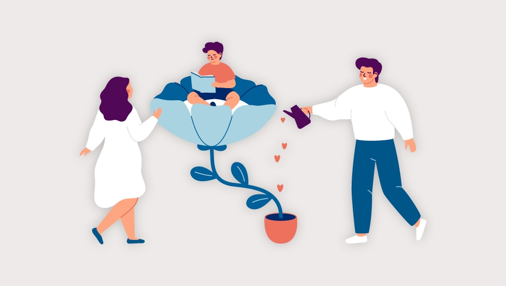 Illustration of people around a large flower, with one using a laptop and another watering a plant with heart-shaped leaves.