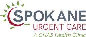 Spokane Urgent Care logo with a green sunburst and red crescent symbol, and the text “Spokane Urgent Care — A CHAS Health Clinic.”