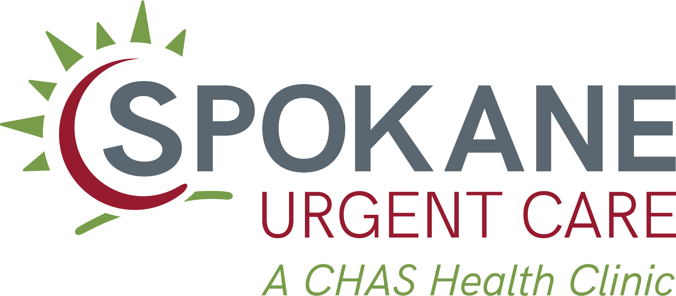Spokane Urgent Care logo with a green sunburst and red crescent symbol, and the text “Spokane Urgent Care — A CHAS Health Clinic.”