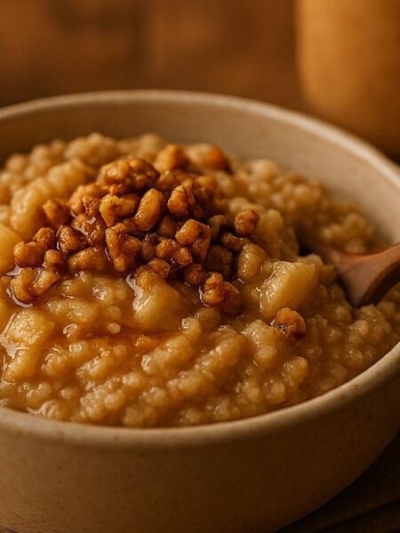 Cozy bowl of apple walnut oatmeal with a blurred apple and mug in the background.