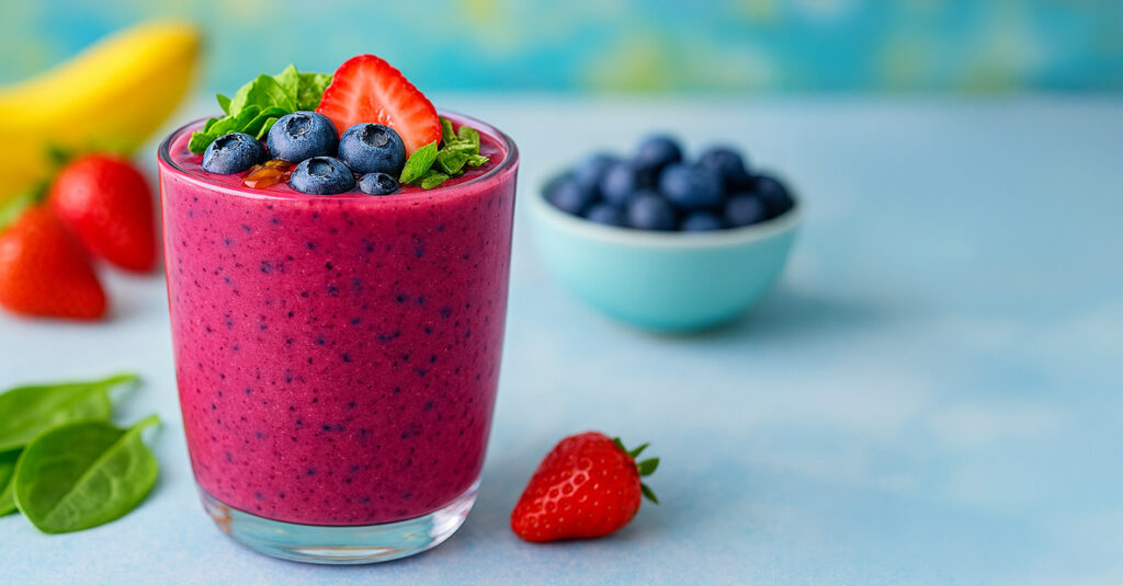 Colorful berry smoothie in a glass topped with strawberries, blueberries, and mint, with blurred fruit in the background.