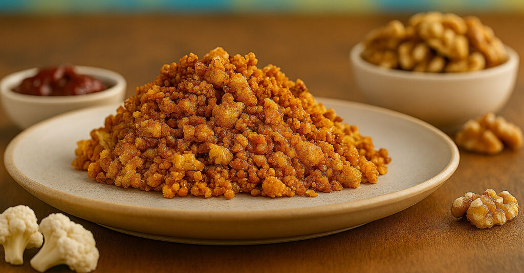 anoramic close-up of cauliflower walnut filling on a plate, surrounded by walnuts, cauliflower florets, and sauce bowls, with a softly blurred kitchen background.