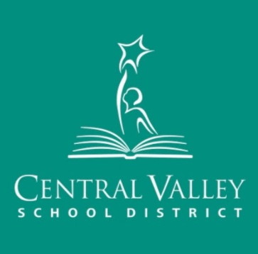 Central Valley School District logo on a teal background, featuring a stylized figure reaching toward a star above an open book, with the text “Central Valley School District.”