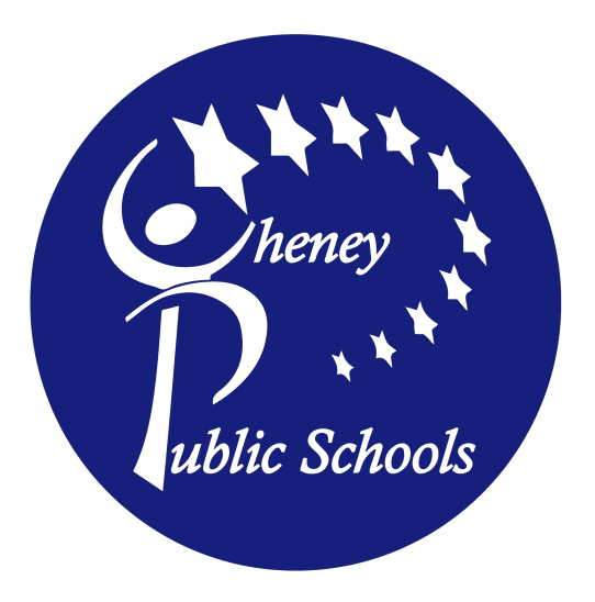 Cheney Public Schools circular logo in blue, featuring a stylized figure reaching upward toward a ring of stars, with the text “Cheney Public Schools.”