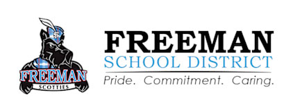 Freeman School District banner logo featuring a stylized Scottie dog mascot on the left, bold “FREEMAN SCHOOL DISTRICT” text, and the tagline “Pride. Commitment. Caring.” on a light background.