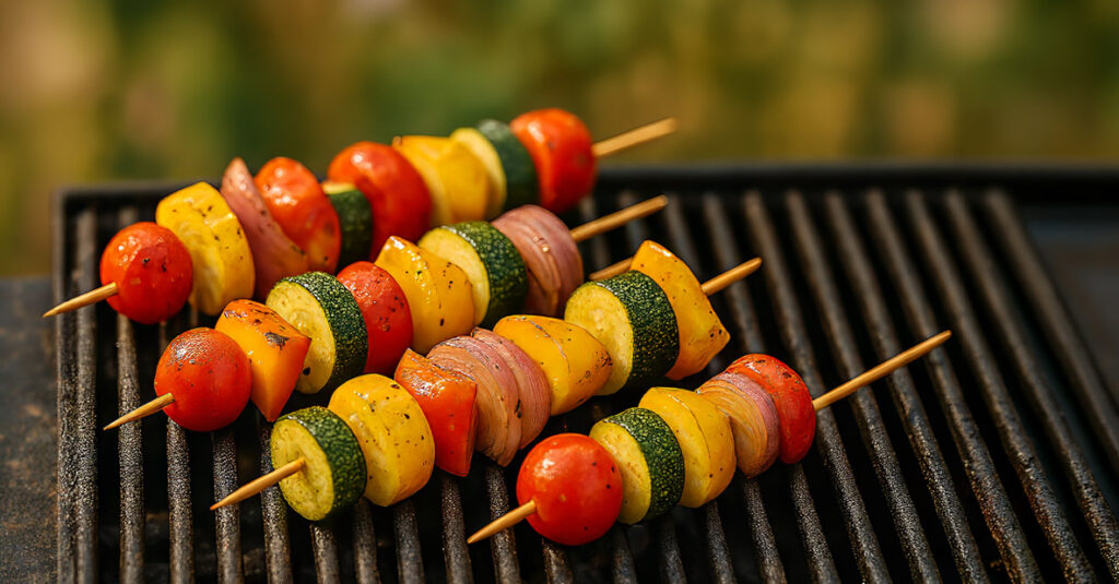 Panoramic view of colorful vegetable kabobs—cherry tomatoes, zucchini, yellow squash, red and yellow bell peppers, and red onion—skewered and grilling on a barbecue, with visible char marks and a softly blurred green outdoor background.