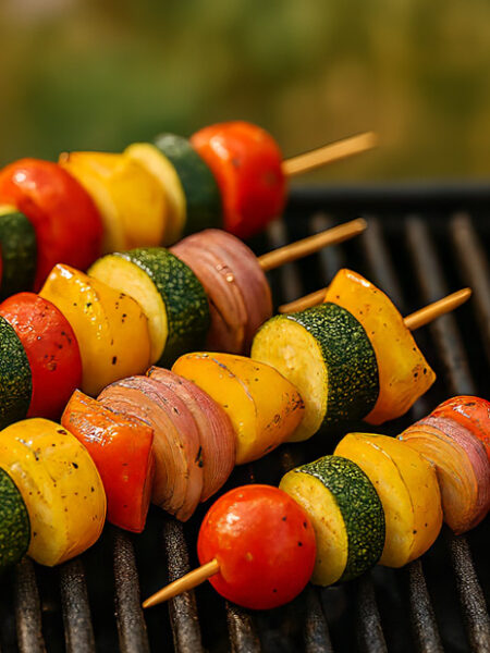 Panoramic view of colorful vegetable kabobs—cherry tomatoes, zucchini, yellow squash, red and yellow bell peppers, and red onion—skewered and grilling on a barbecue, with visible char marks and a softly blurred green outdoor background.