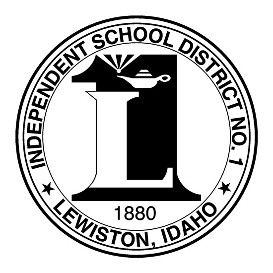 Independent School District No. 1 Lewiston, Idaho seal featuring a large stylized “L” with an oil lamp, surrounded by circular text including “1880” and the district name.