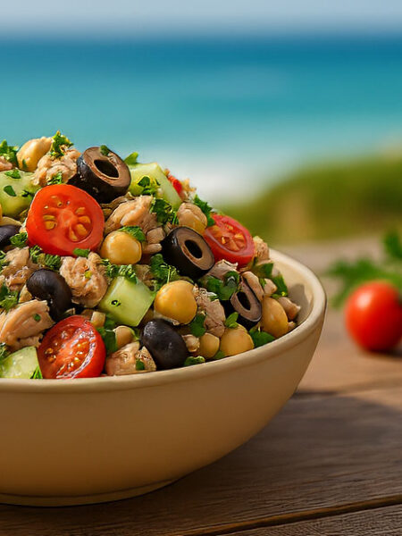 Panoramic bowl of Mediterranean tuna salad with chickpeas, cherry tomatoes, olives, and cucumber in the foreground on a wooden table, with a softly blurred ocean view in the background.