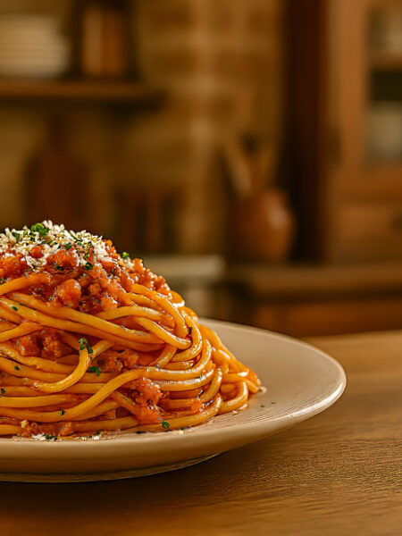 Panoramic view of a plate of spaghetti with rich meat sauce and grated cheese in the foreground, set on a wooden table in a warm, rustic Italian kitchen with a softly blurred background.