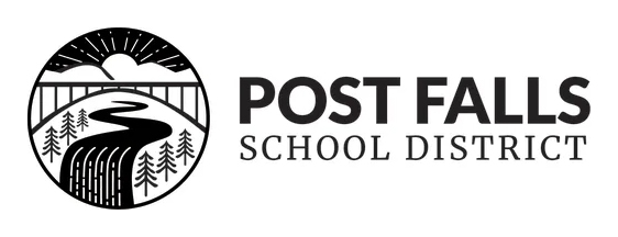 Post Falls School District logo featuring a circular black-and-white emblem of a river, waterfall, bridge, and trees beside bold “POST FALLS SCHOOL DISTRICT” text on a light background.
