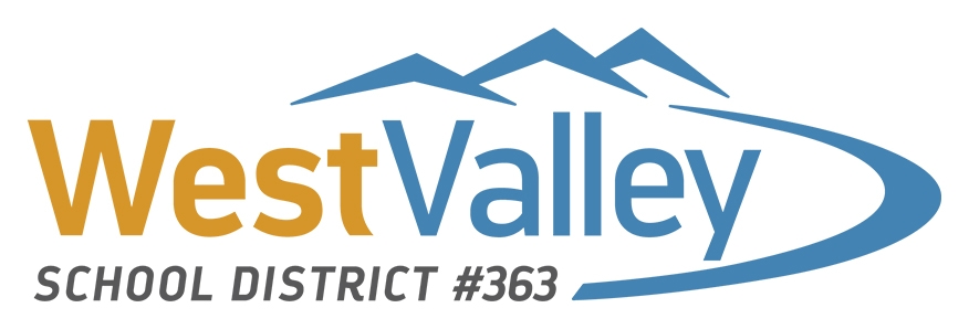 West Valley School District #363 logo with “West” in gold and “Valley” in blue, stylized blue mountains above, and a sweeping blue curve on the right.