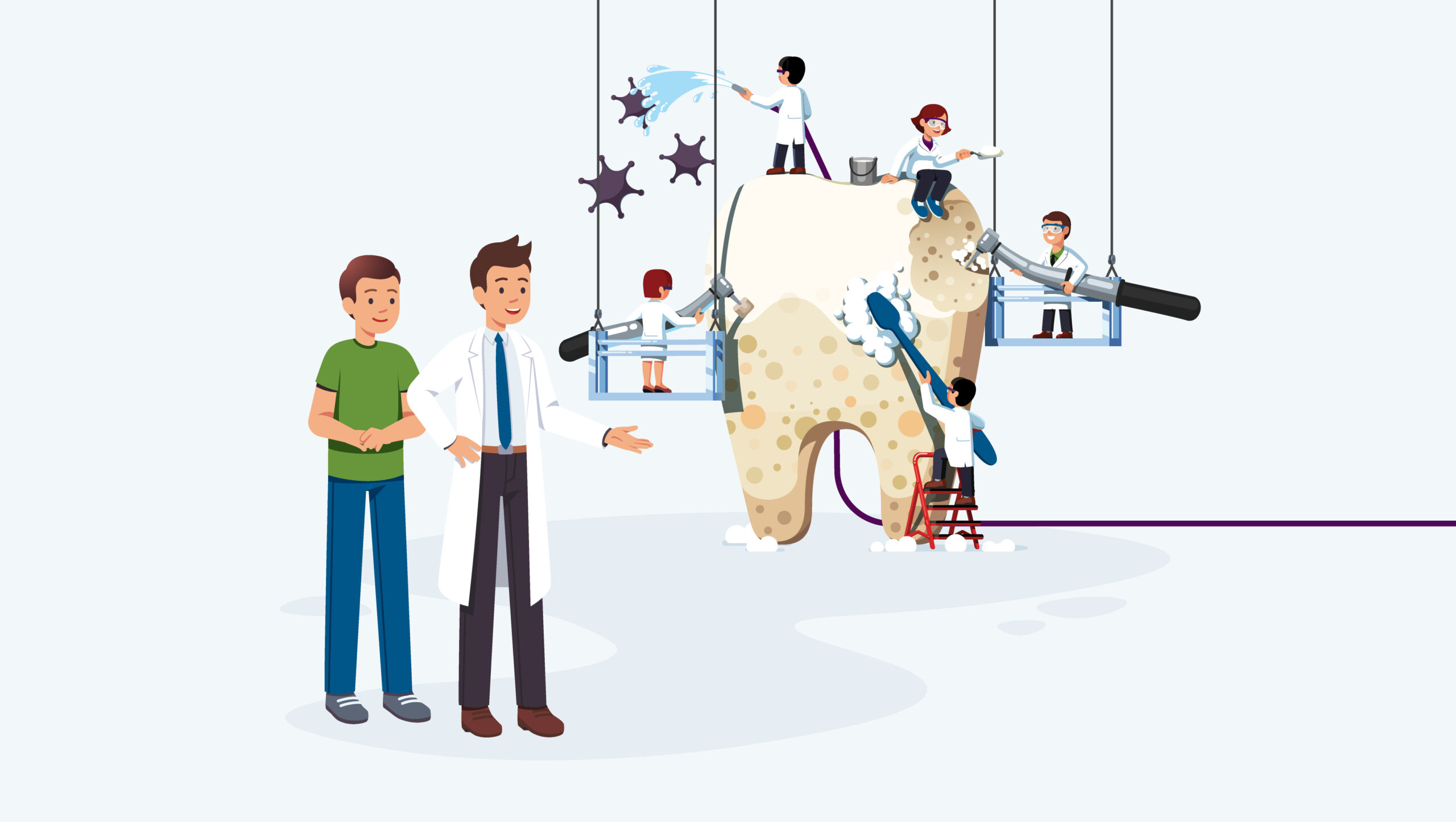 Illustration of a dental team cleaning and treating a large tooth while a dentist speaks with a patient nearby.