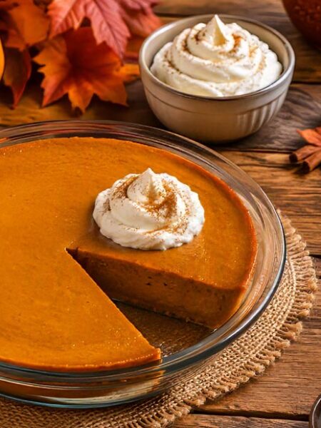 Crustless pumpkin pie with a whipped cream topping in a glass pie dish, surrounded by pumpkins, cinnamon sticks, autumn leaves, and fall decor on a rustic wooden table.