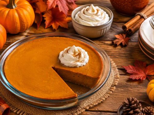 Crustless pumpkin pie with a whipped cream topping in a glass pie dish, surrounded by pumpkins, cinnamon sticks, autumn leaves, and fall decor on a rustic wooden table.