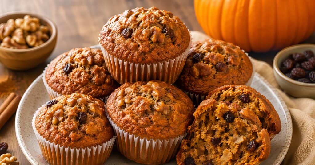 Pumpkin spice muffins with walnuts and raisins on a rustic plate.
