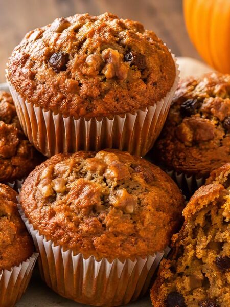 Pumpkin spice muffins with walnuts and raisins on a rustic plate.