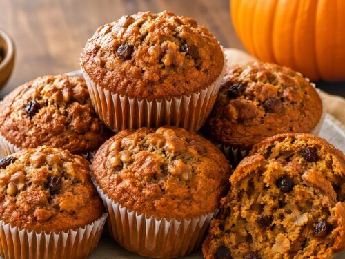 Pumpkin spice muffins with walnuts and raisins on a rustic plate.