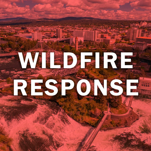 Arial shot of Spokane, Washignton with Wildfire Response text overaly