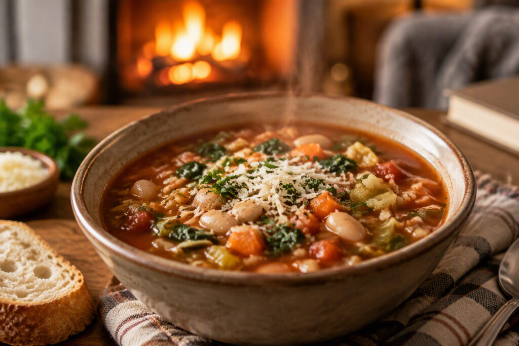 Steaming minestrone soup in a rustic bowl with a blurred fireplace in the background.