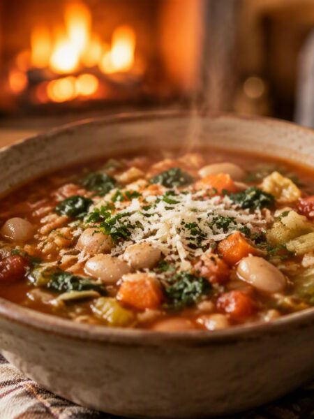Steaming minestrone soup in a rustic bowl with a blurred fireplace in the background.