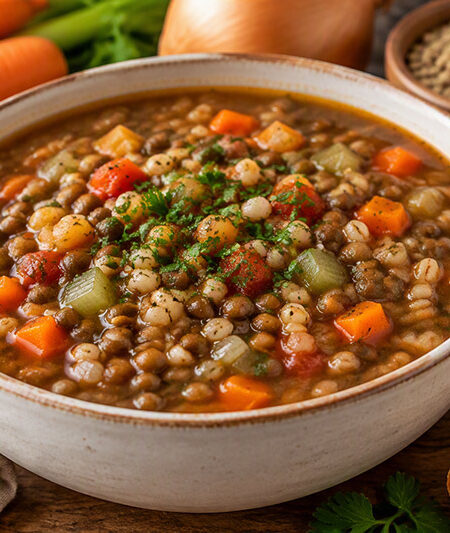 barley lentil soup, lentil soup recipe, barley soup, vegetable lentil soup, healthy soup recipe, plant based soup, high fiber soup, homemade soup, one pot soup, comfort food soup