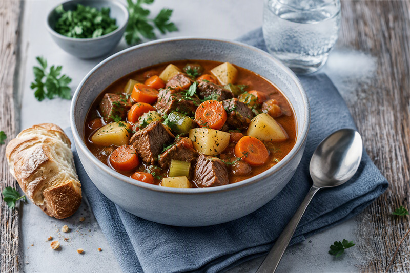 Bowl of beef stew with beef, potatoes, carrots, and celery in a rich broth, served with bread on a blue linen napkin.