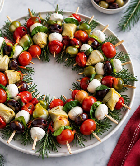 Christmas wreath-shaped antipasto platter made with skewers of mozzarella, olives, cherry tomatoes, basil, artichoke hearts, and roasted peppers arranged on fresh greenery.