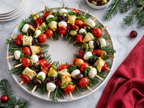 Christmas wreath-shaped antipasto platter made with skewers of mozzarella, olives, cherry tomatoes, basil, artichoke hearts, and roasted peppers arranged on fresh greenery.