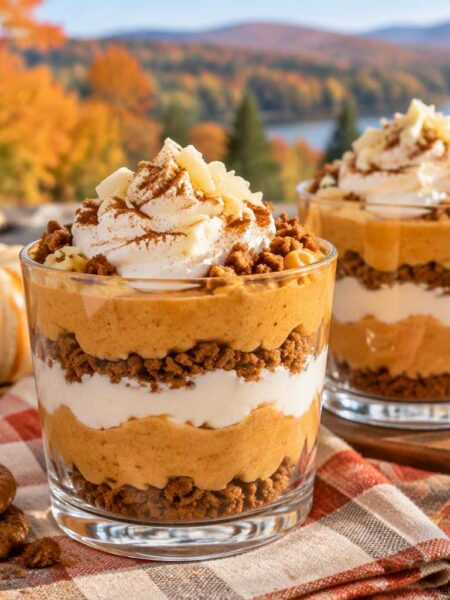 Pumpkin pie parfaits layered with whipped topping and gingersnap crumbs outdoors with colorful fall trees in the background.