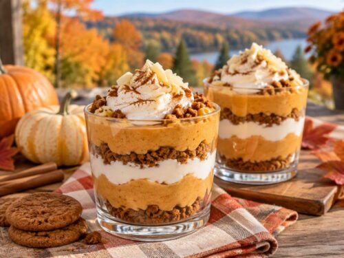 Pumpkin pie parfaits layered with whipped topping and gingersnap crumbs outdoors with colorful fall trees in the background.