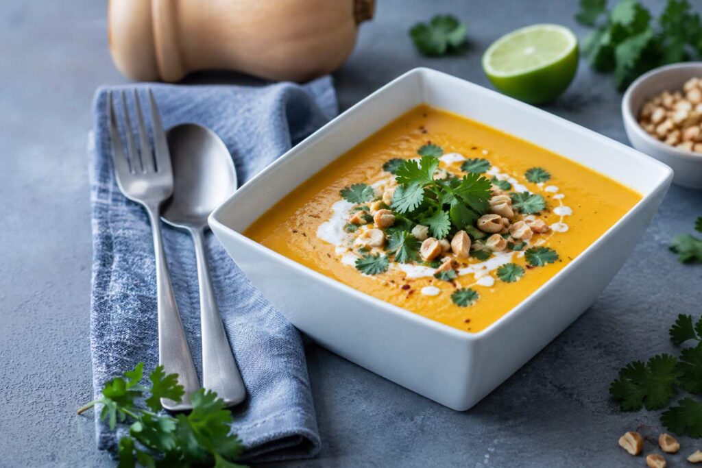 Creamy Thai curry butternut squash soup served in a white square bowl, garnished with coconut cream, fresh cilantro, and chopped peanuts on a cool gray surface with lime and squash in the background.
