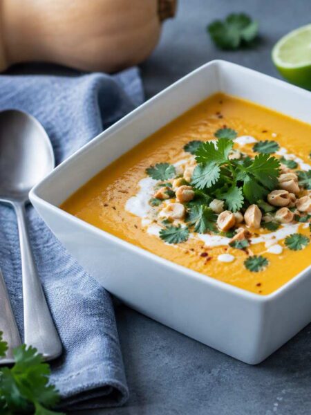 Creamy Thai curry butternut squash soup served in a white square bowl, garnished with coconut cream, fresh cilantro, and chopped peanuts on a cool gray surface with lime and squash in the background.
