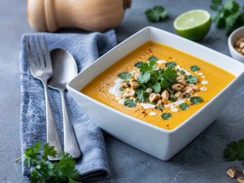Creamy Thai curry butternut squash soup served in a white square bowl, garnished with coconut cream, fresh cilantro, and chopped peanuts on a cool gray surface with lime and squash in the background.
