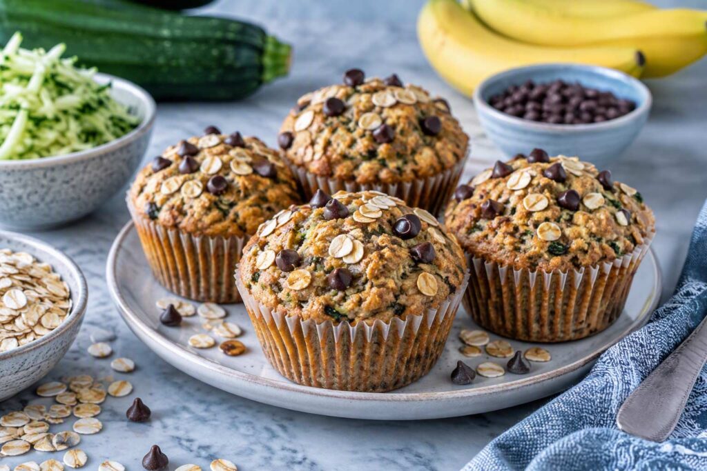 Zucchini muffins topped with oats and chocolate chips on a gray plate with fresh zucchini and oats nearby.