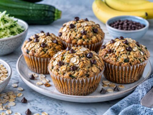 Zucchini muffins topped with oats and chocolate chips on a gray plate with fresh zucchini and oats nearby.